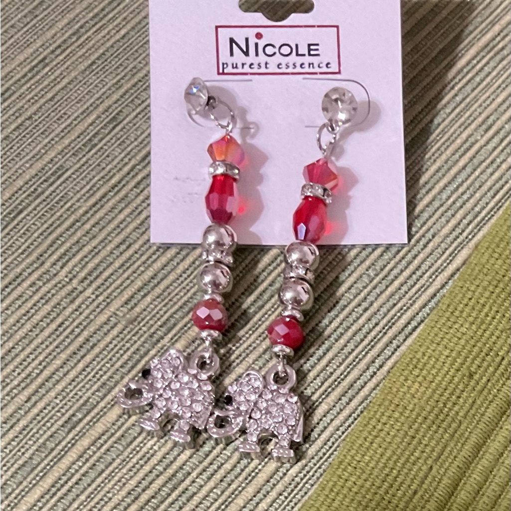 Nicole Red Silver Beads Clear Rhinestone Elephant Charm Earrings